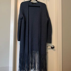 Cashmere Fringe Slate Blue Open Front Sweater Coat